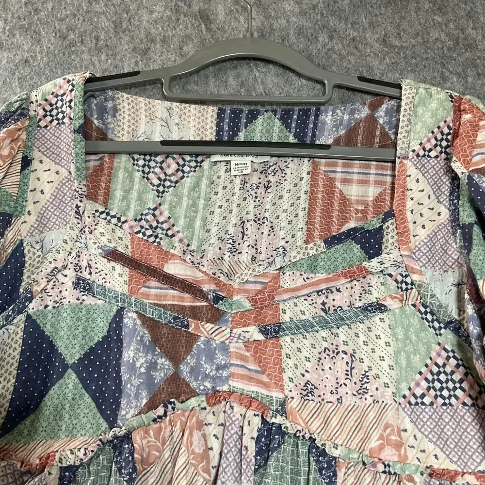 American Eagle Outfitters Blouse Womens Medium Multicolor Patchwork Peplum Boho